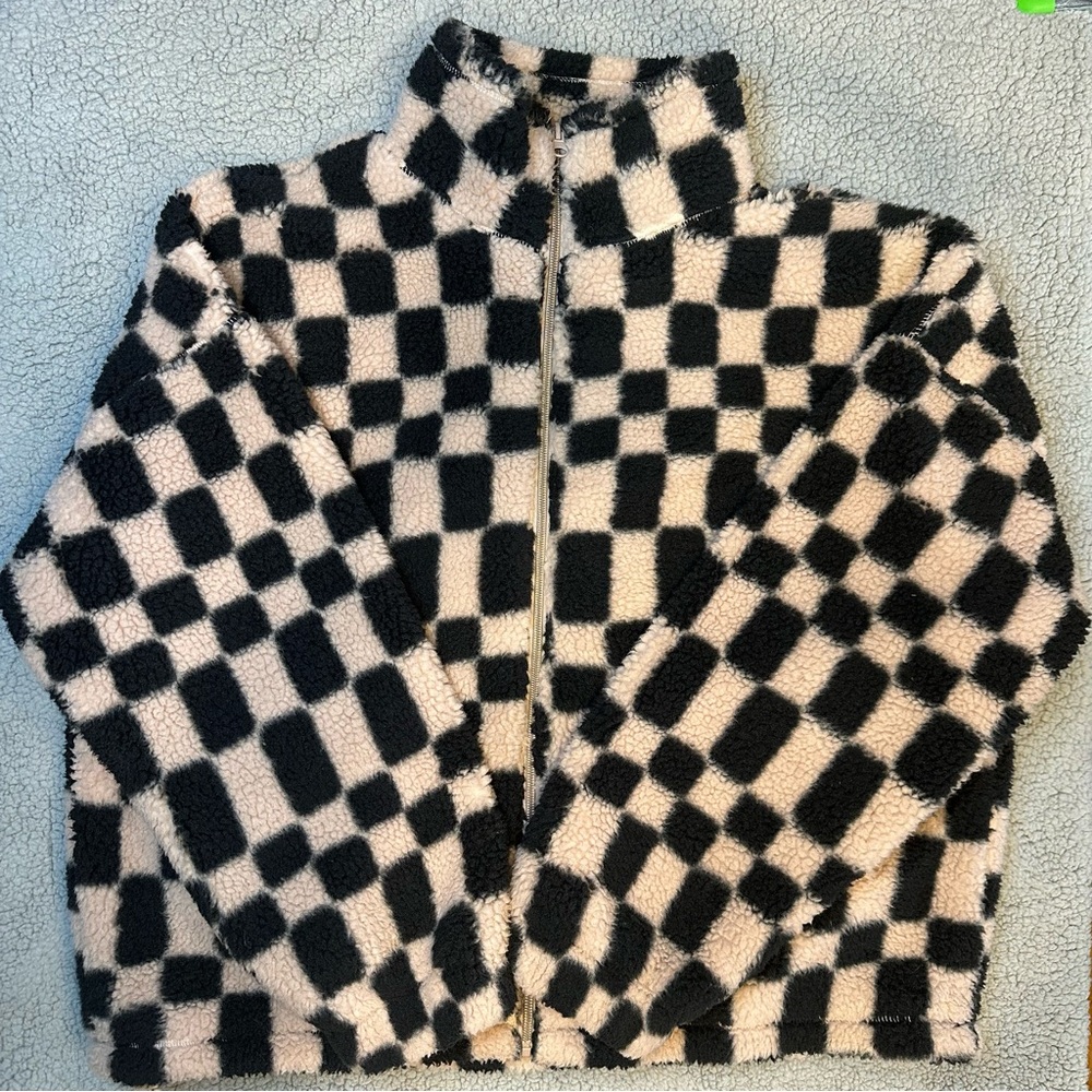 A New Day Women's Plaid Teddy Jacket‎ Med Black Pink/Cream Oversized Cozy Fluffy